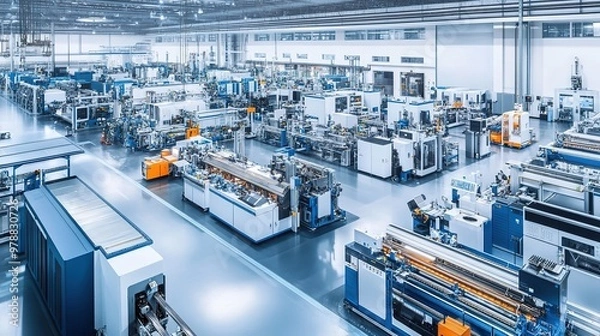 Fototapeta A bustling manufacturing plant filled with advanced machinery in operation