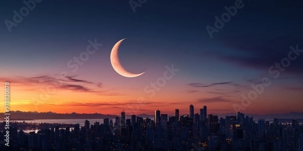 Obraz crescent moon rising over a city 