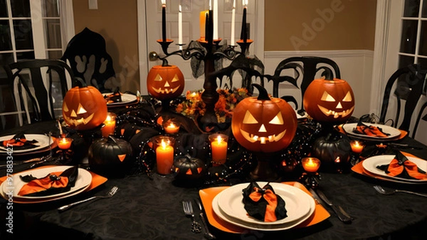 Obraz Dinner table on Halloween day, Dinner setting on Halloween, Halloween concept dinner table, ai generated