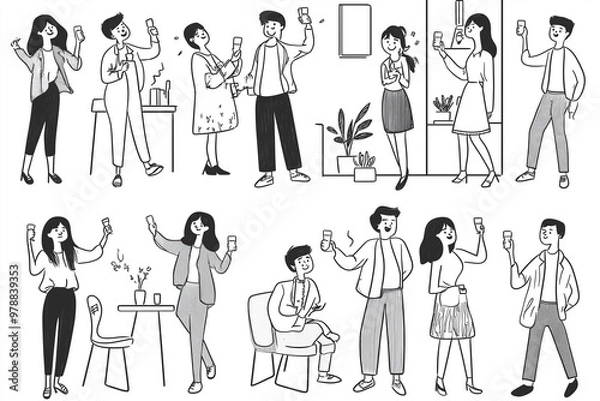 Fototapeta A collection of black and white illustrations depicting colleagues celebrating a successful project in a casual office environment. The style is simple line art