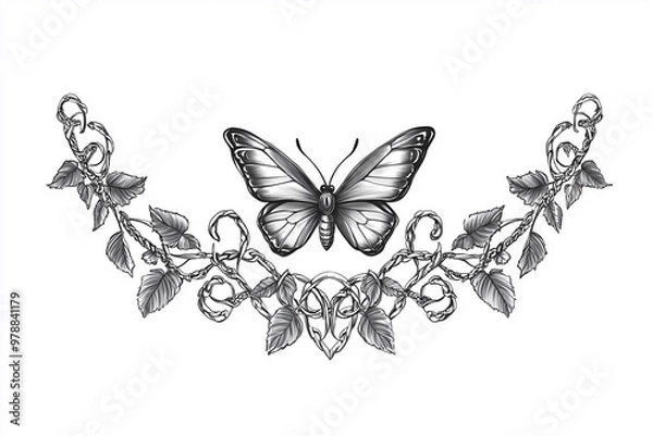 Fototapeta Tattoo design, simple lines of chain and butterfly combined with Celtic pattern, white background, fine art illustration style, black ink tattoo on paper, fine line work, high contrast, vector artwork