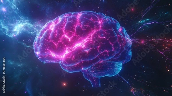 Fototapeta Neon-Lit Digital Brain with Interconnected Synapses and Cosmic Background Featuring Stars and Celestial Bodies