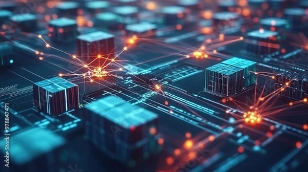 Fototapeta A digital interface showing the tracking of goods through a blockchain-powered supply chain system