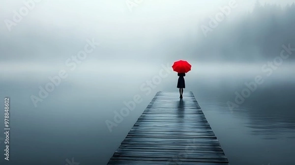 Fototapeta A girl with an umbrella stands on the end of a pier, holding her red umbrella in front of a foggy lake