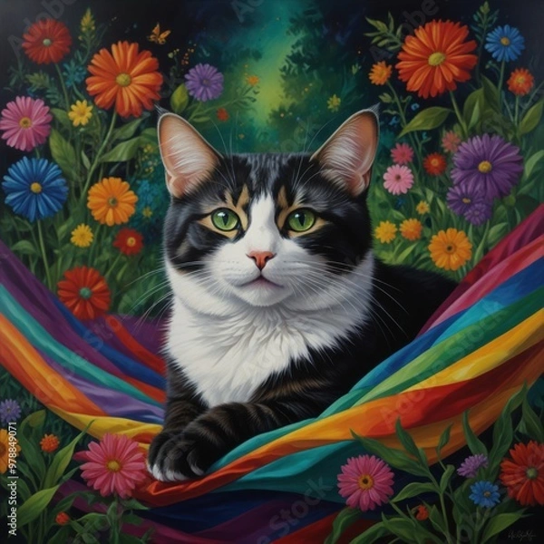 Fototapeta The mischievous cat with sultry eyes casts a surreal spell over this familiar scene