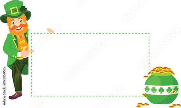 Fototapeta Cartoon Leprechaun Man Showing Blank Banner with Treasure Pot Vector Illustration.