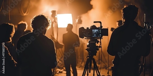 Fototapeta A silhouette of a cameraman filming a scene with a professional camera and tripod.
