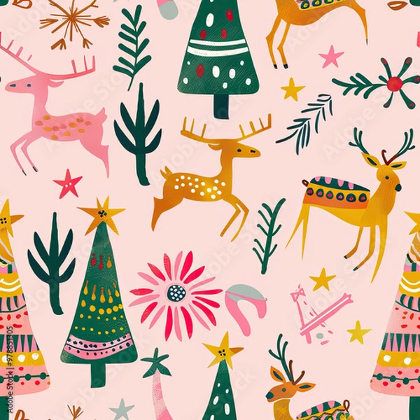 Fototapeta Whimsical Christmas Pattern with Reindeer, Trees, and Stars on a Light Pink Background