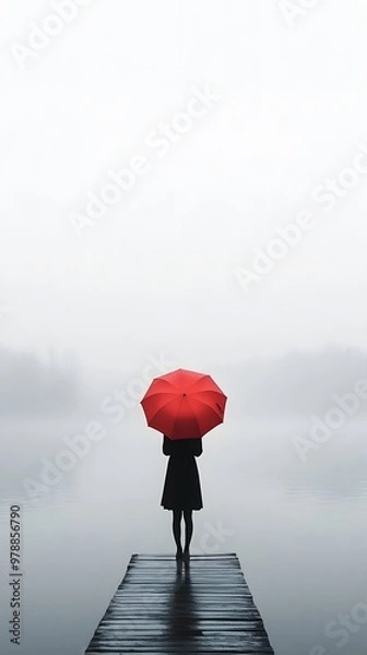 Fototapeta A girl with an umbrella stands on the end of a pier, holding her red umbrella in front of a foggy lake