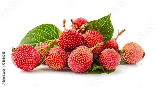 Fototapeta Fresh lychee fruits with leaves isolated on a white background.