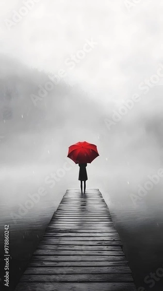 Fototapeta A girl with an umbrella stands on the end of a pier, holding her red umbrella in front of a foggy lake