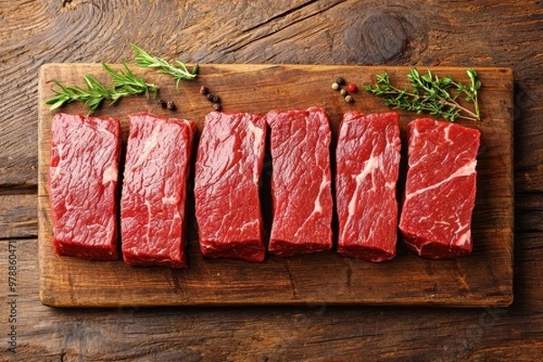 Obraz Tender raw beef steaks arranged on wooden cutting board with fresh herbs