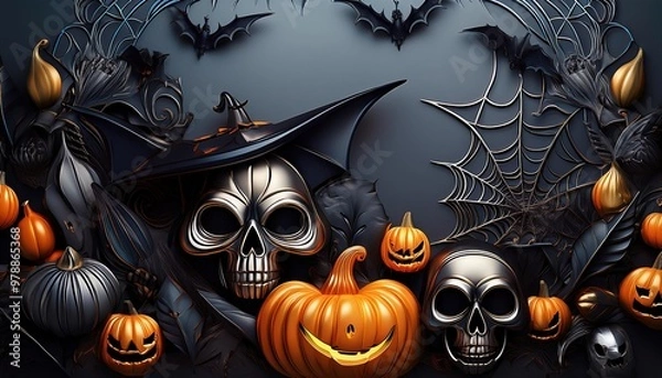 Obraz halloween spooky metal background with skulls, pumpkins, bats, and cobwebs