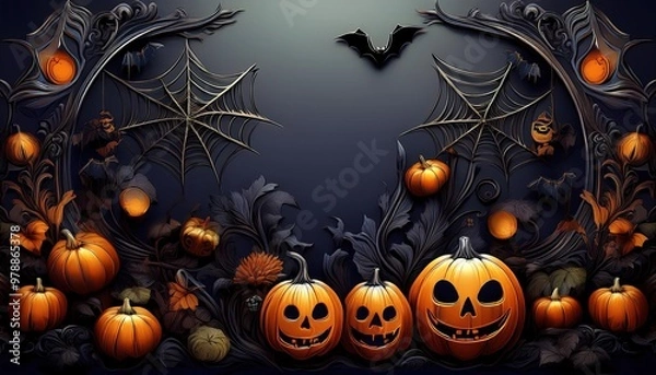 Obraz halloween spooky metal background with pumpkins, bats, and cobwebs