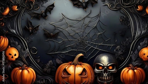 Obraz halloween background with pumpkins and spooky black metal background, bats, skulls, skeletons and cobwebs