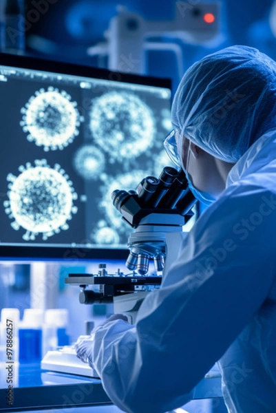 Fototapeta A virologist in protective gear carefully labels test tubes containing red samples while conducting research in a sterile environment focused on infectious diseases.