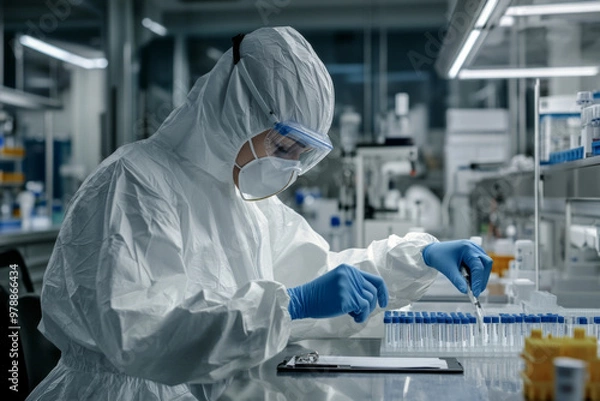 Fototapeta A virologist in protective gear carefully labels test tubes containing red samples while conducting research in a sterile environment focused on infectious diseases.