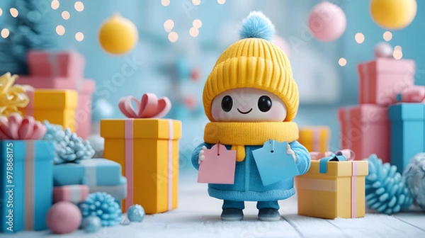 Fototapeta 3D cartoon Boxing Day scene with gift boxes and sale tags, a fun character standing with holiday shopping bags, ideal for social media posts.