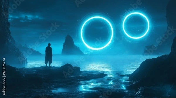 Fototapeta a person passes through a glowing circle of a teleporter or time-travel portal, dark background, futuristic concept