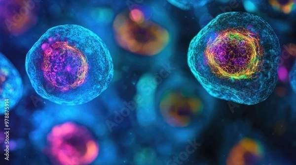 Fototapeta Close-up of Colorful Illuminated Cells in Blue Liquid