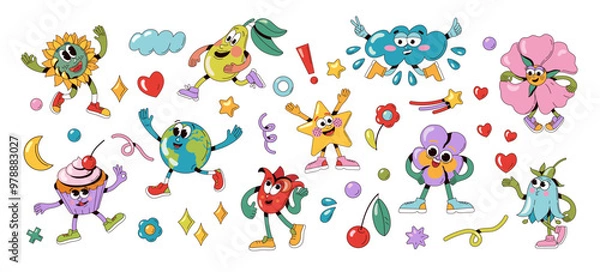 Fototapeta Groovy cartoon characters. Cute 70s 80s retro comic abstract groovy figures, colorful funny doodle psychedelic people with different emotions. Vector isolated set.eps