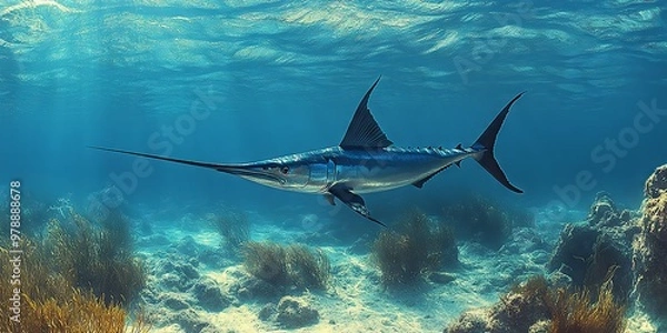 Obraz Majestic Swordfish Swimming in Clear Blue Ocean Waters Under Sunlight