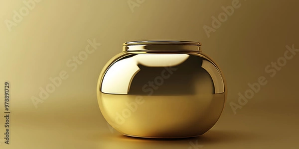 Fototapeta A shiny golden jar sits on a gold background.  It is a simple but elegant image.