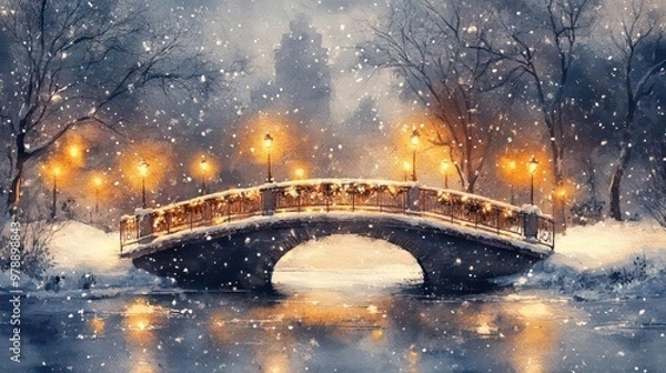 Fototapeta Snowy bridge with warm lights in winter landscape.