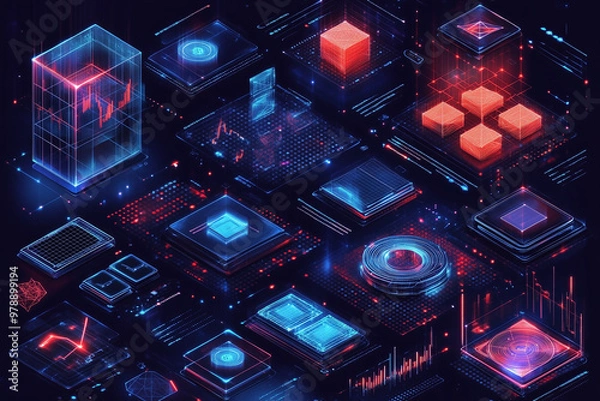 Fototapeta Digital Metropolis: A mesmerizing isometric cityscape of glowing circuitry, data blocks, and futuristic tech, illustrating the interconnected complexity of the digital age. 