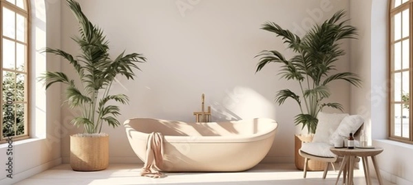 Fototapeta Relaxing modern bathroom with a freestanding tub, greenery, and natural light during the day