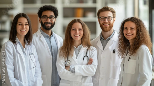 Obraz Clinic staff portrait. Group of medicine professionals standing together in modern hospital office, smiling, looking at camera. Diversity and team collaboration.