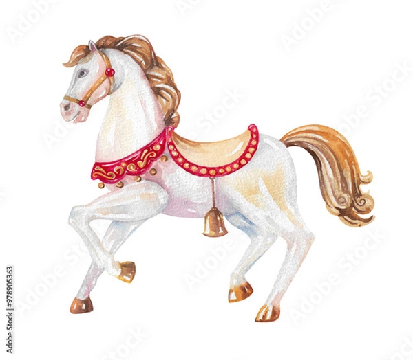 Obraz Toy horse with a bright harness hand drawn watercolor illustration isolated on white background