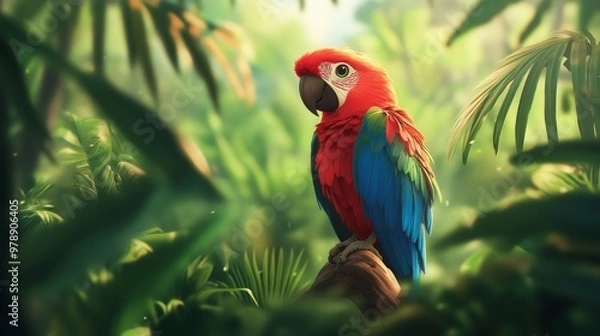 Fototapeta A cute, cheerful parrot perched on a shoulder, its vibrant red and blue feathers contrasting against the green jungle surroundings.