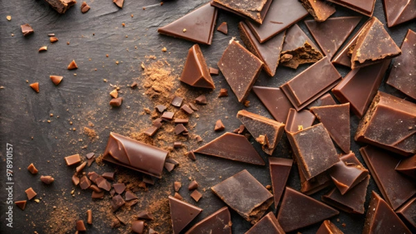 Fototapeta Top view of chocolate shards on a background , chocolate, shards, dessert, cocoa, sweet, delicious, tasty
