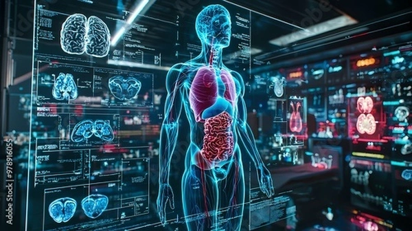 Fototapeta Explore the Intricacies of a Holographic Projection of the Human Body Illuminating Internal Organs and Systems in Stunning Detail