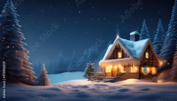 Obraz isolated Christmas winter house in the snow surrounded by a trees. Christmas trees and decorations. 