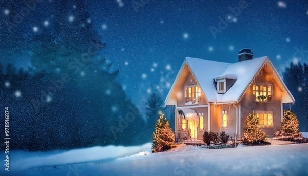 Obraz Enchanted winter Christmas house with falling snow,  evening image of a two-story illuminated house with Christmas decorations. The house is isolated, surrounded by a forest