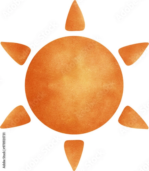 Fototapeta Sun drawn in a watercolor style. The sun has a circular orange center with radiating rays, also painted in orange. 