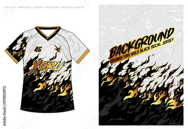Fototapeta sublimation jersey design sporty abstract fire burn liquid lava pattern background halftone marble texture vector illustration flame black gold