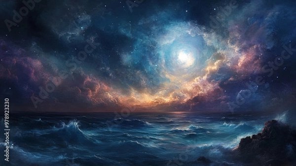Fototapeta mystical seascape with full moon in swirls of pastel clouds and a rolling wavy sea ocean below beautiful tranquil heavenly scene with bright moonlight and copy space