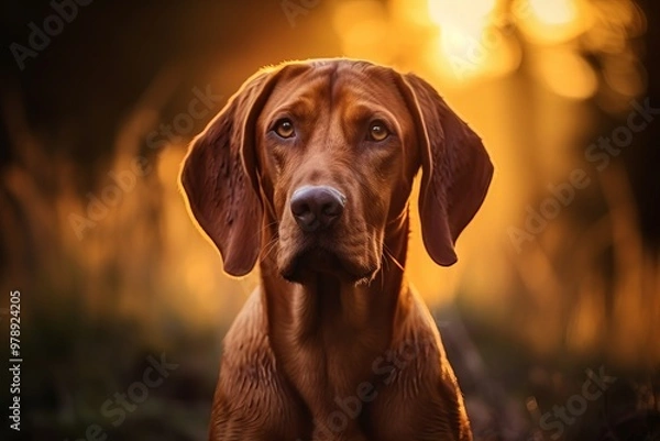 Fototapeta A golden hour portrait of a brown dog looking thoughtfully into the distance in a tranquil setting