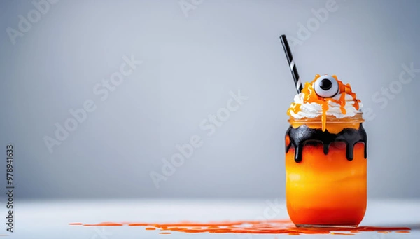 Fototapeta Halloween Eyeball Drink with Whipped Cream and Drizzled Syrup