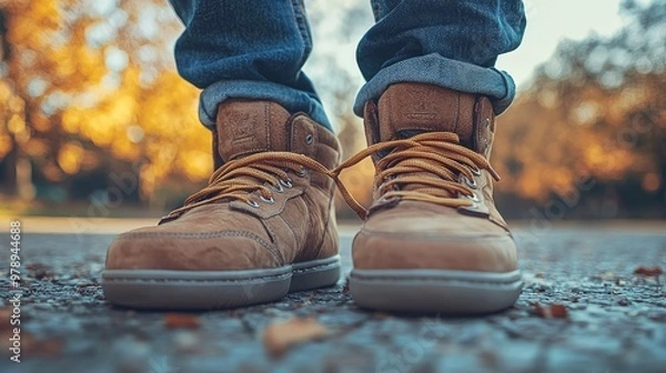 Fototapeta Closeup of Brown Boots with Jeans on Gravel Path in Fall