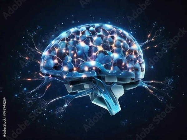 Fototapeta AI mind with glowing, transparent brain cells, visualized as clusters of connected neurons processing data and evolving intelligence.