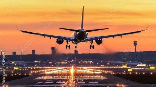 Fototapeta Airplane Landing on Runway at Sunset