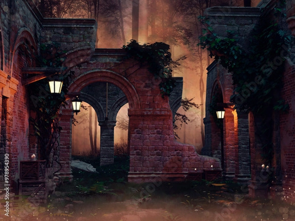 Fototapeta Old gothic ruins with green vines and bright lanterns in a dark forest at night. 3D render. Made with 3d resources and painted elements. No AI used. 