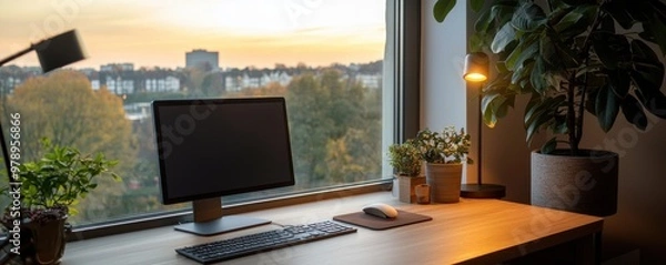 Fototapeta Bright and cozy home office workspace with a computer, plants, and a view of nature at sunset.