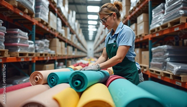 Fototapeta Woman organizing colorful textile rolls in a large fabric warehouse