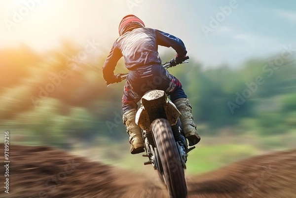 Obraz A motocross rider speeding through a dirt track, showcasing action and adventure.