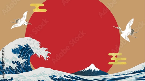 Obraz 葛飾北斎の浮世絵風の波、富士山と朝日の和風レトロモダンな背景イラストバナーテンプレート　テキスト無し　ベクター　日の出　鶴